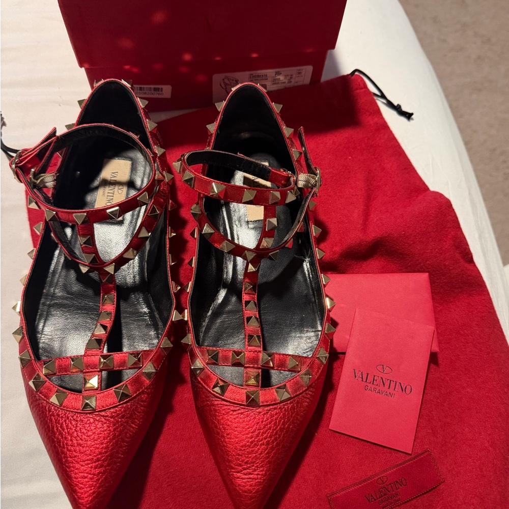 Valentino Rockstud Red Leather Pointed Strap Flats Metallic red good condition